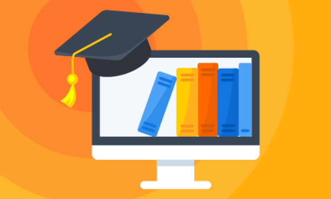 A computer with a graduation cap on it in front of an orange background